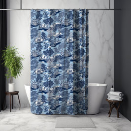 シックなブルーホワイトウィローチャイノイセリーコテージ シャワーカーテン