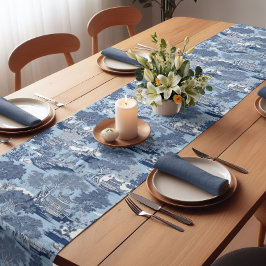 シックなブルーホワイトウィローチャイノイセリーコテージ ショートテーブルランナー
