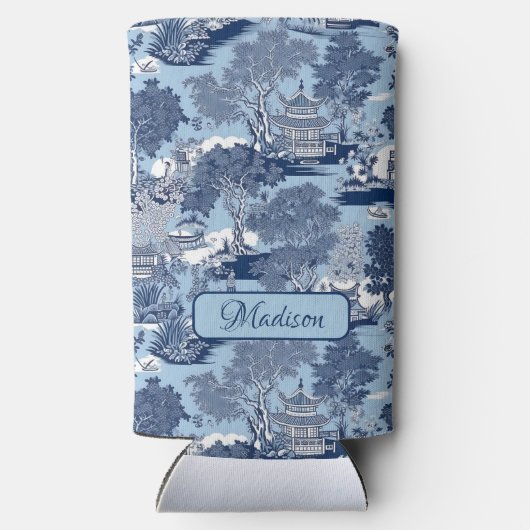 シックなブルーホワイトウィローチャイノイセリーコテージ スリム缶クーラー (裏面)