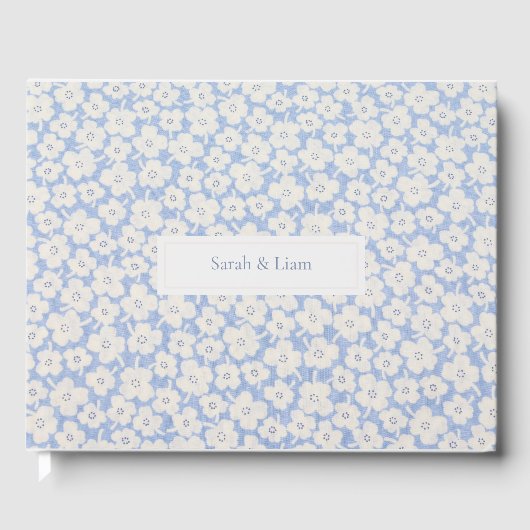 シックなブルーホワイトカップル写真フローラデイジー結婚ズ ゲストブック (正面)