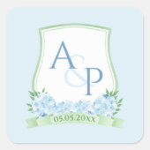 シックなブルーホワイトグリーンモノグラムウォーターカラークレスト スクエアシール (正面)