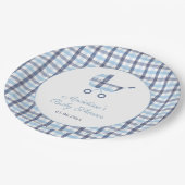 シックなブルーホワイトチェック乳母車ボーイベビーシャワーパーティー ペーパープレート (アングル)
