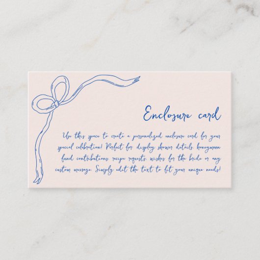 シックなブルーボウハンドドロッドブライダルシャワー任意 エンクロージャーカード (正面)