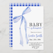シックなブルーボーイコケット弓ベビーシャワー 招待状 (正面/裏面)