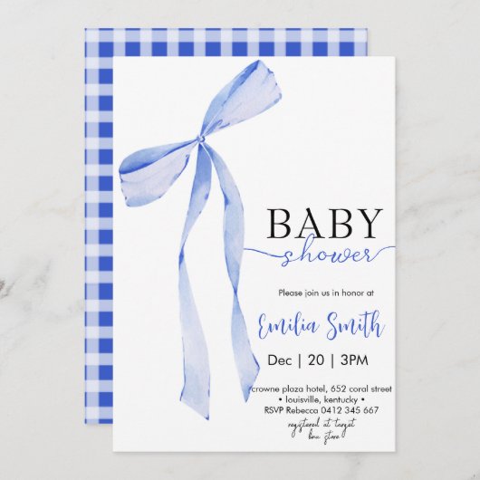 シックなブルーボーイコケット弓ベビーシャワー 招待状 (正面/裏面)