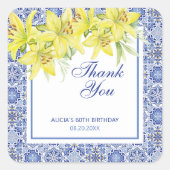 シックなブルーポルトガルのアズレジョイエローリリーありがとう スクエアシール (正面)