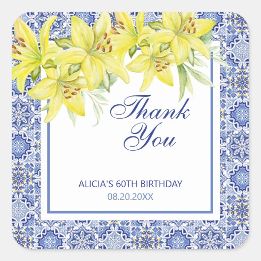 シックなブルーポルトガルのアズレジョイエローリリーありがとう スクエアシール (正面)