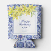 シックなブルーポルトガルのアズレジョイエローリリー 缶クーラー (裏面)