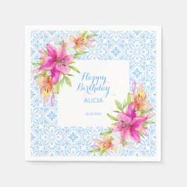 シックなブルーポルトガルのアズレジョモザイクリリー誕生日 スタンダードカクテルナプキン