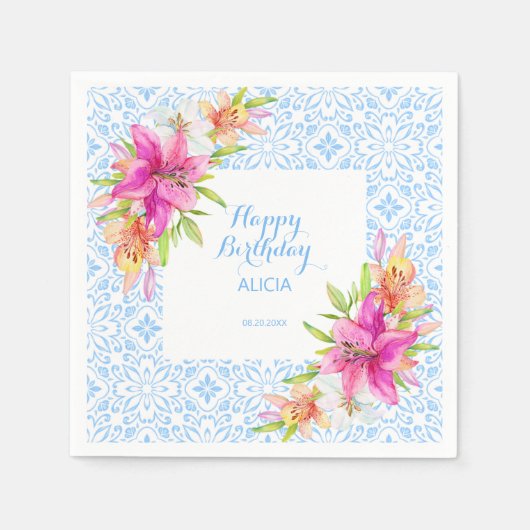 シックなブルーポルトガルのアズレジョモザイクリリー誕生日 スタンダードカクテルナプキン (正面)