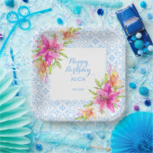 シックなブルーポルトガルのアズレジョモザイクリリー誕生日 ペーパープレート (パーティー)