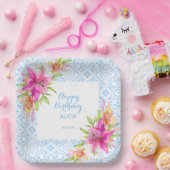 シックなブルーポルトガルのアズレジョモザイクリリー誕生日 ペーパープレート (パーティー)