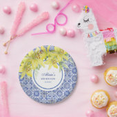 シックなブルーポルトガル語アズレジョイエローリリー誕生日 ペーパープレート (パーティー)