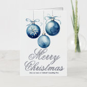 シックなブルーメリークリスマスオーナメントビジネスシルバー 箔シーズンカード (正面)