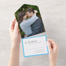 シックなブルーモダンフォト結婚ズ オールインワン招待状