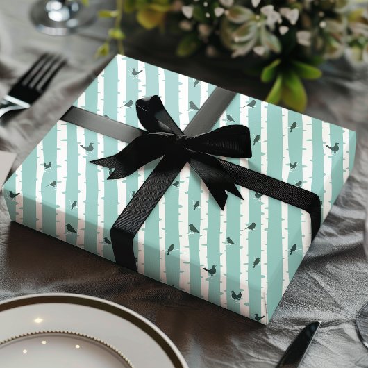 シックなブルー樺の木の木とかわいらし鳥 ラッピングペーパー