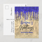 シックなブルー金ゴールドグリッタードリップスクリスマス新年 ポストカード (正面/裏面)