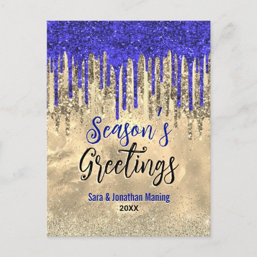 シックなブルー金ゴールドグリッタードリップスクリスマス新年 ポストカード (正面)