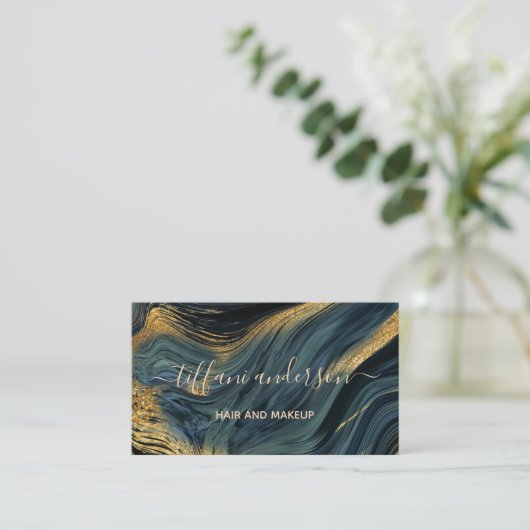 シックなブルー金ゴールドグリッターマーブルアゲートメイクアップアーティスト 名刺 (スタンド正面)