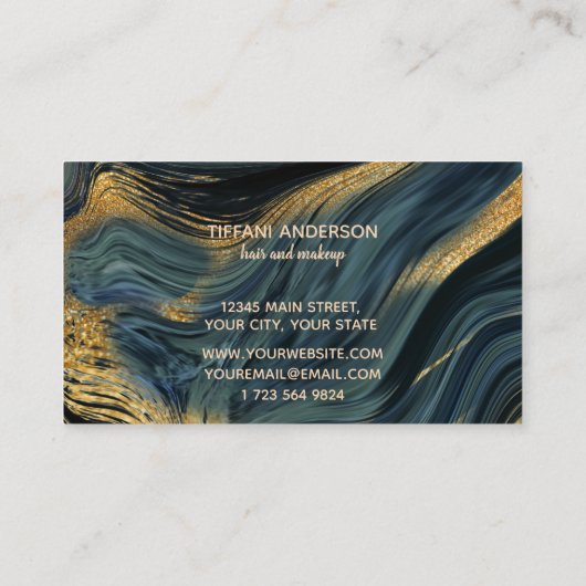 シックなブルー金ゴールドグリッターマーブルアゲートメイクアップアーティスト 名刺 (裏面)