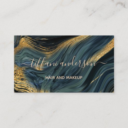 シックなブルー金ゴールドグリッターマーブルアゲートメイクアップアーティスト 名刺 (正面)