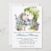 シックなブルー&グリーンフローラガーデンチェアベビーシャワー 招待状 (正面)