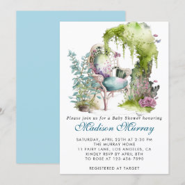 シックなブルー&グリーンフローラガーデンチェアベビーシャワー 招待状