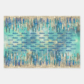 シックなブルー、ターコイズ、金ゴールド ラッピングペーパーシート (正面)