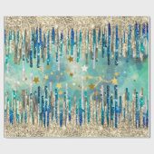 シックなブルー、ターコイズ、金ゴールド ラッピングペーパー (フラット)