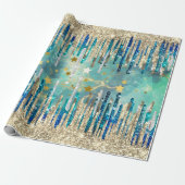 シックなブルー、ターコイズ、金ゴールド ラッピングペーパー (アンロールド)