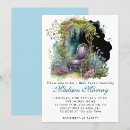 シックなブルー&パープルフローラガーデンチェアベビーシャワー 招待状