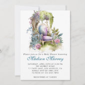 シックなブルー&パープルフローラガーデンチェアベビーシャワー 招待状 (正面)