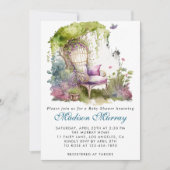 シックなブルー&パープルフローラガーデンチェアベビーシャワー 招待状 (正面)