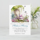 シックなブルー&パープルフローラガーデンチェアベビーシャワー 招待状 (スタンド正面)