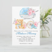 シックなブルー&ピンクフローラベビーカーPramベビーシャワー 招待状 (スタンド正面)