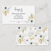 シックなブルー&ホワイトフローラベビーシャワーおむつラッフル エンクロージャーカード (正面/裏面)