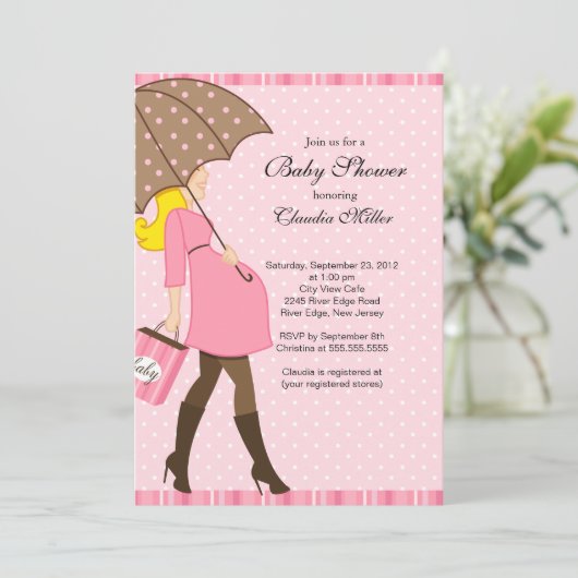 シックなブロンドの妊娠したお母さんのベビーシャワー 招待状 (スタンド正面)