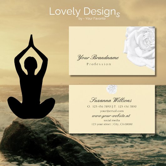 シックなプレーンのピーチベージュかわいいホワイトローズシンプル 名刺