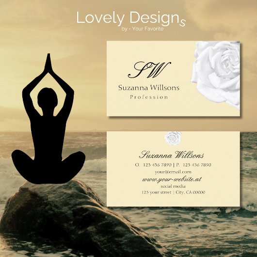 シックなプレーンピーチベージュホワイトローズとイニシャル 名刺