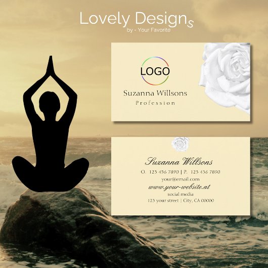 シックなプレーンピーチベージュホワイトローズとロゴシンプル付き 名刺