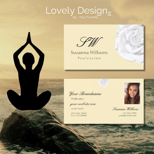 シックなプレーンピーチベージュホワイトローズイニシャル写真 名刺