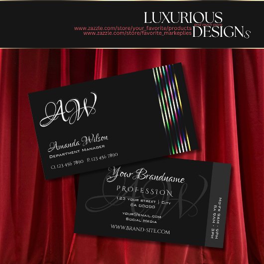 シックなプレーンブラックデコカラフルールストライプモノグラム 名刺