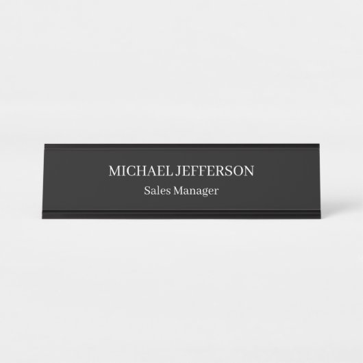 シックなプレーンブラック&ホワイトカラーパーソナライズされたカスタム デスクネームプレート (正面)