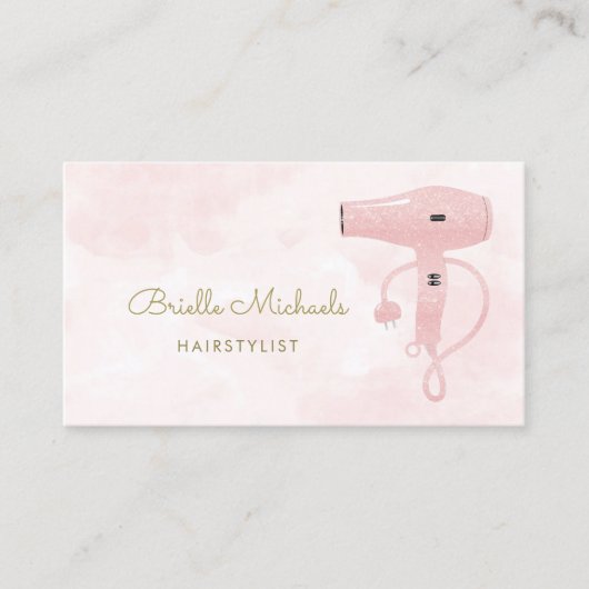シックなヘアスタイリストソフトピンクフェイクグリッターヘアドライヤー 名刺 (正面)
