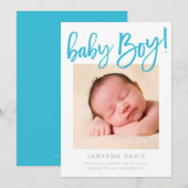 シックなベビーモダンフォトボーイアクアスクリプトレタリング 案内状 (正面/裏面)