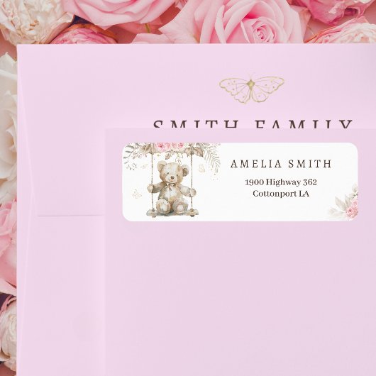 シックなベージュウォーターカラーテディベアピンクフローラ ラベル