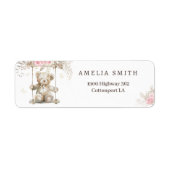 シックなベージュウォーターカラーテディベアピンクフローラ ラベル (正面)