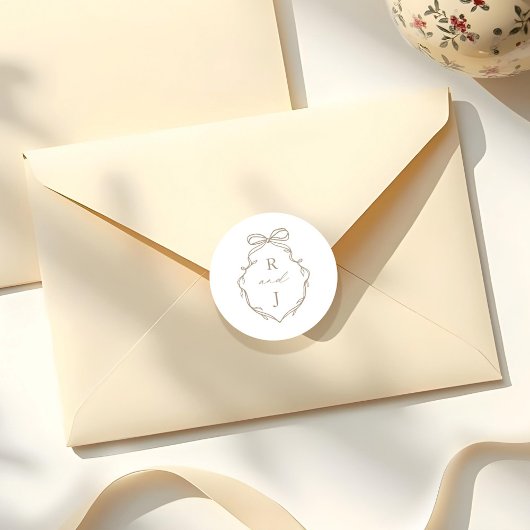シックなベージュハンドドロードボウ&リボンモノグラムクレスト ラウンドシール