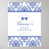 シックなペリウィンクルリボン赤ちゃんシャワー歓迎サイン ポスター (正面)