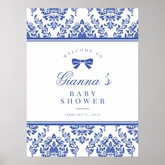 シックなペリウィンクルリボン赤ちゃんシャワー歓迎サイン ポスター (正面)